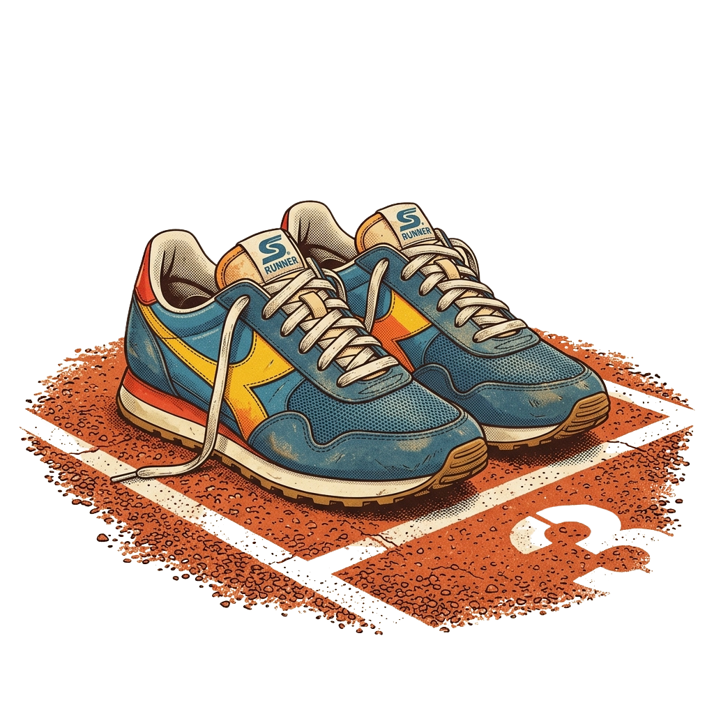 Illustration of two colorful vintage running shoes placed on a track surface with worn edges.