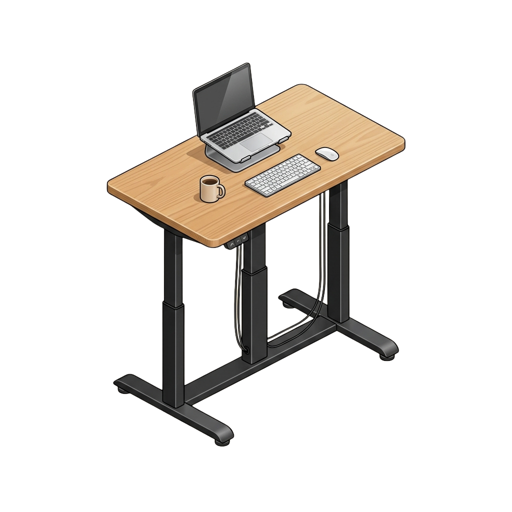 A standing desk with a laptop, keyboard, mouse, and coffee mug on a light wooden surface