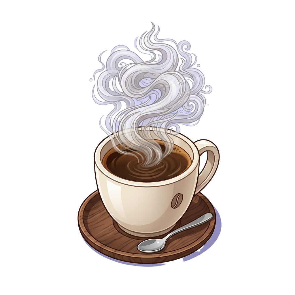 A white coffee cup with steam rising from it, placed on a wooden saucer with a spoon beside it