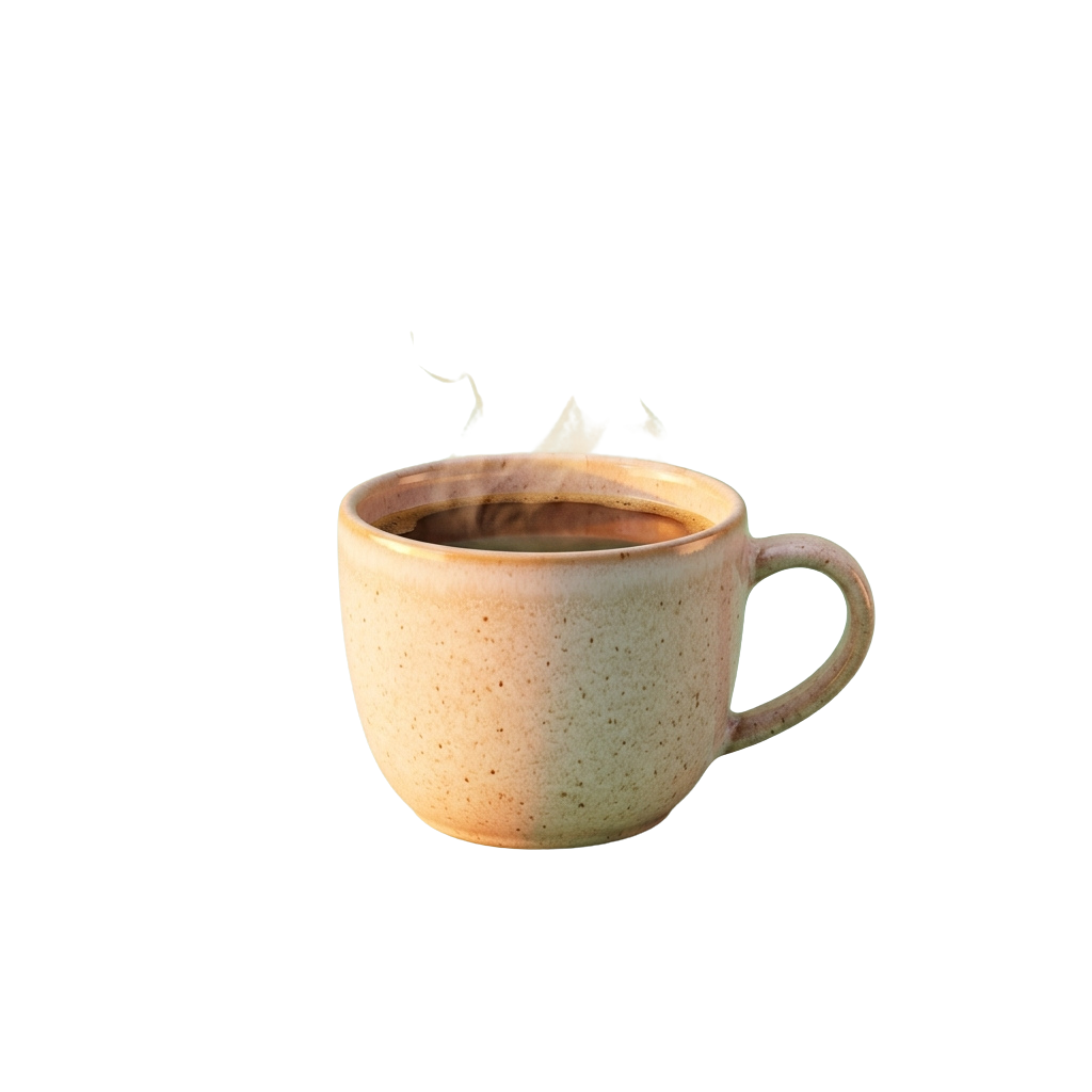 A ceramic mug filled with a steaming hot beverage, emitting small wisps of steam.