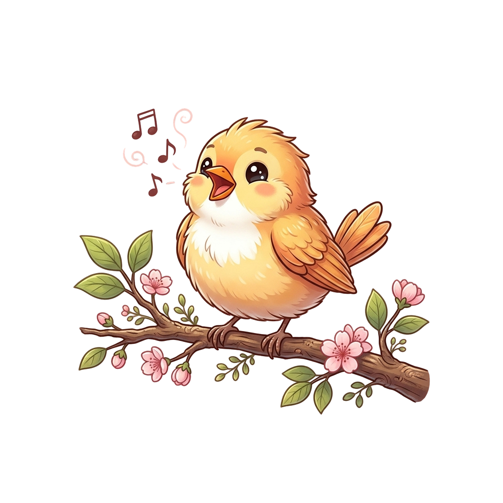 A cheerful cartoon bird perched on a branch singing with pink blossoms and green leaves around it