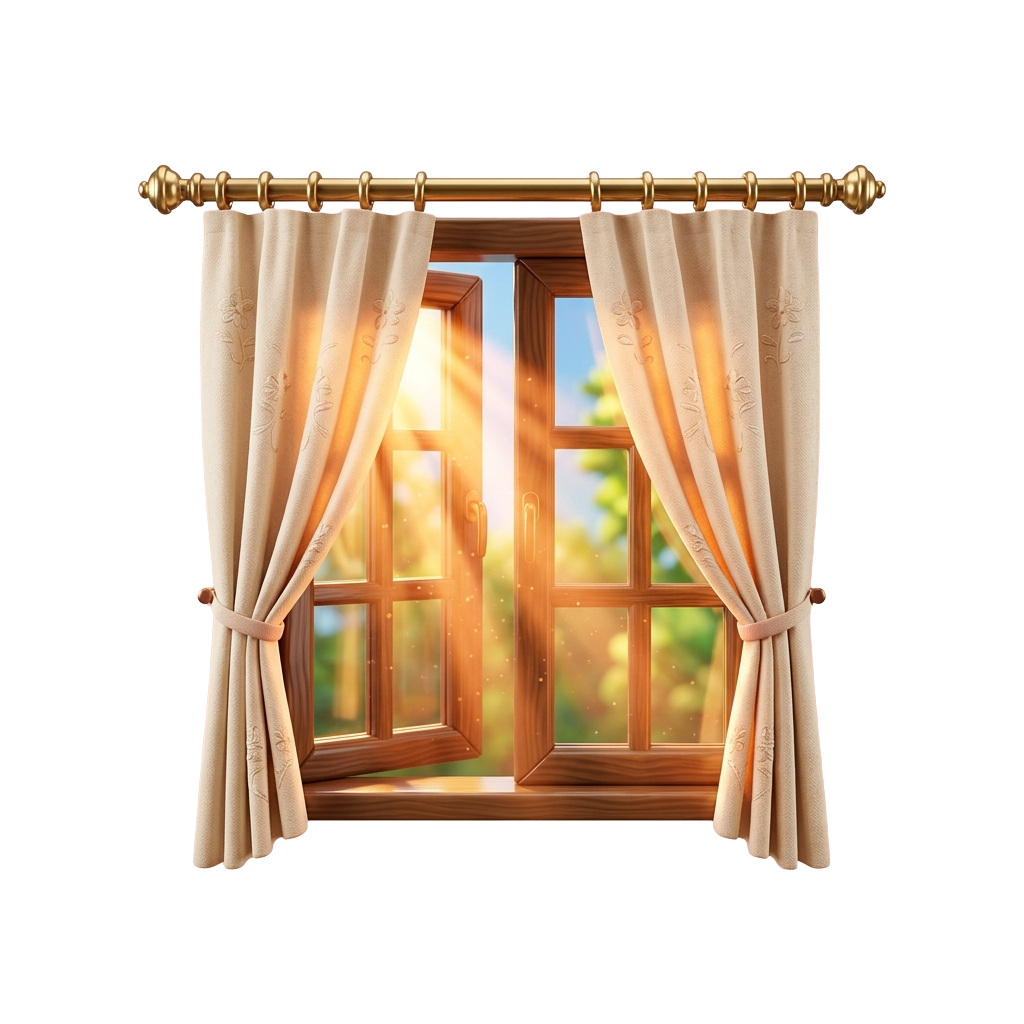 Open window with light filtering through sheer curtains, casting a warm glow inside.