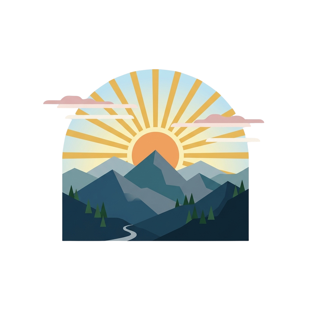 A scenic sunrise over mountains with a winding river and soft clouds in the sky