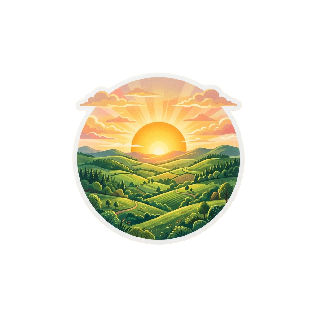 A vibrant sunset over lush green rolling hills with a bright sun and scattered clouds