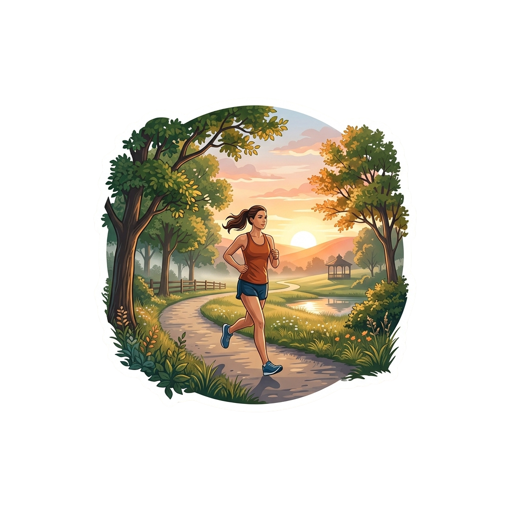 A woman jogging on a scenic nature trail during sunset with trees and a serene landscape.