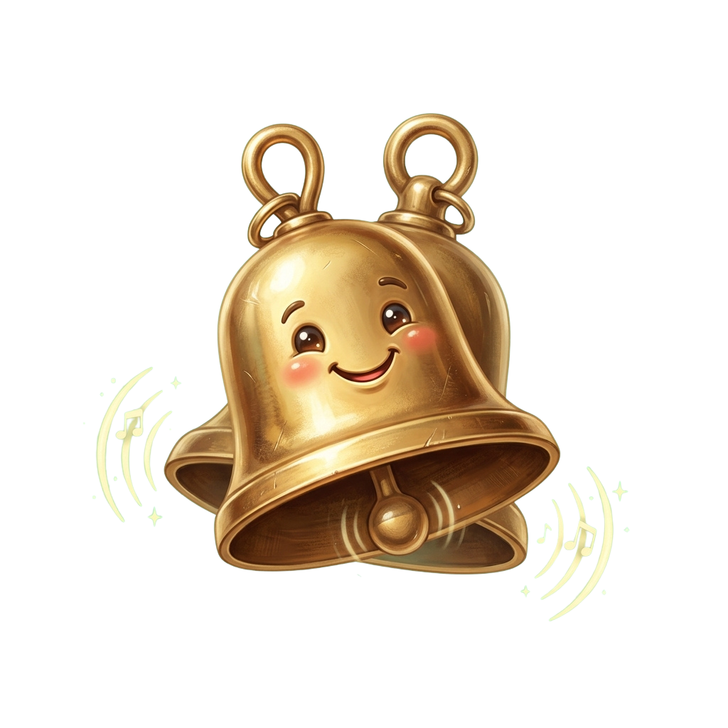 A smiling golden bell with two loops on top, radiating sound waves, set against a dark background