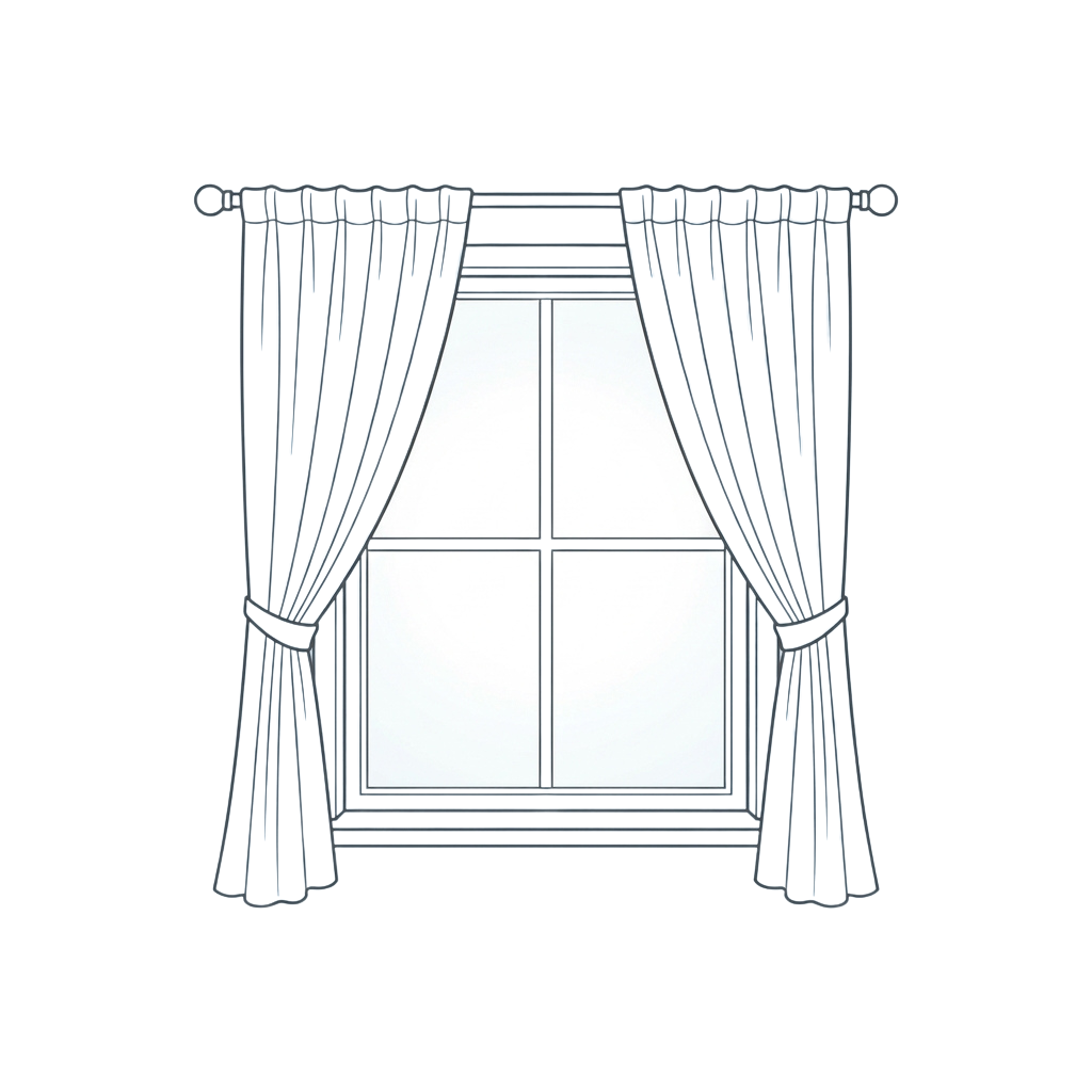 A window with white curtains hanging on both sides and frosted glass panes in the center.