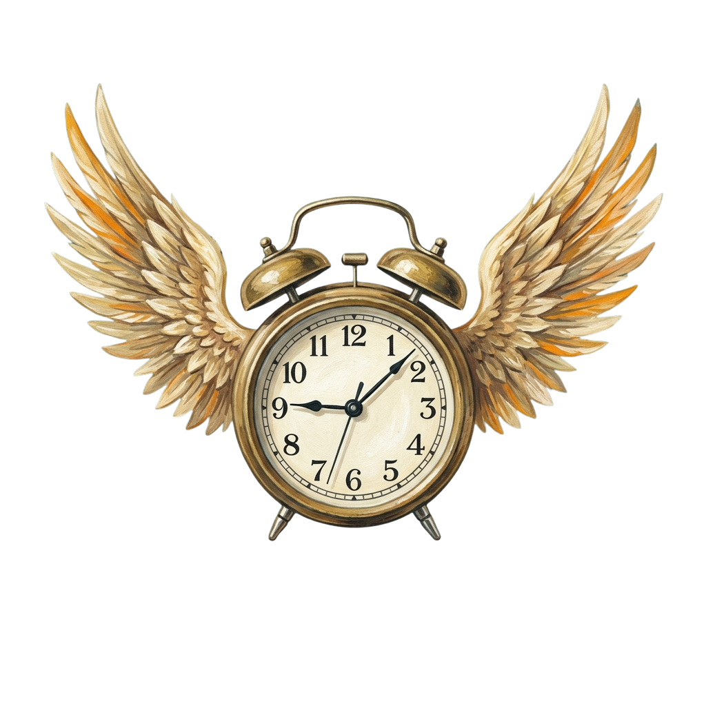 A vintage-style alarm clock with golden wings attached on each side against a black background