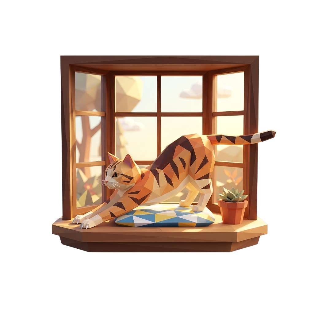 A stylized tiger cat lounging on a colorful mat by a window with a potted plant beside it