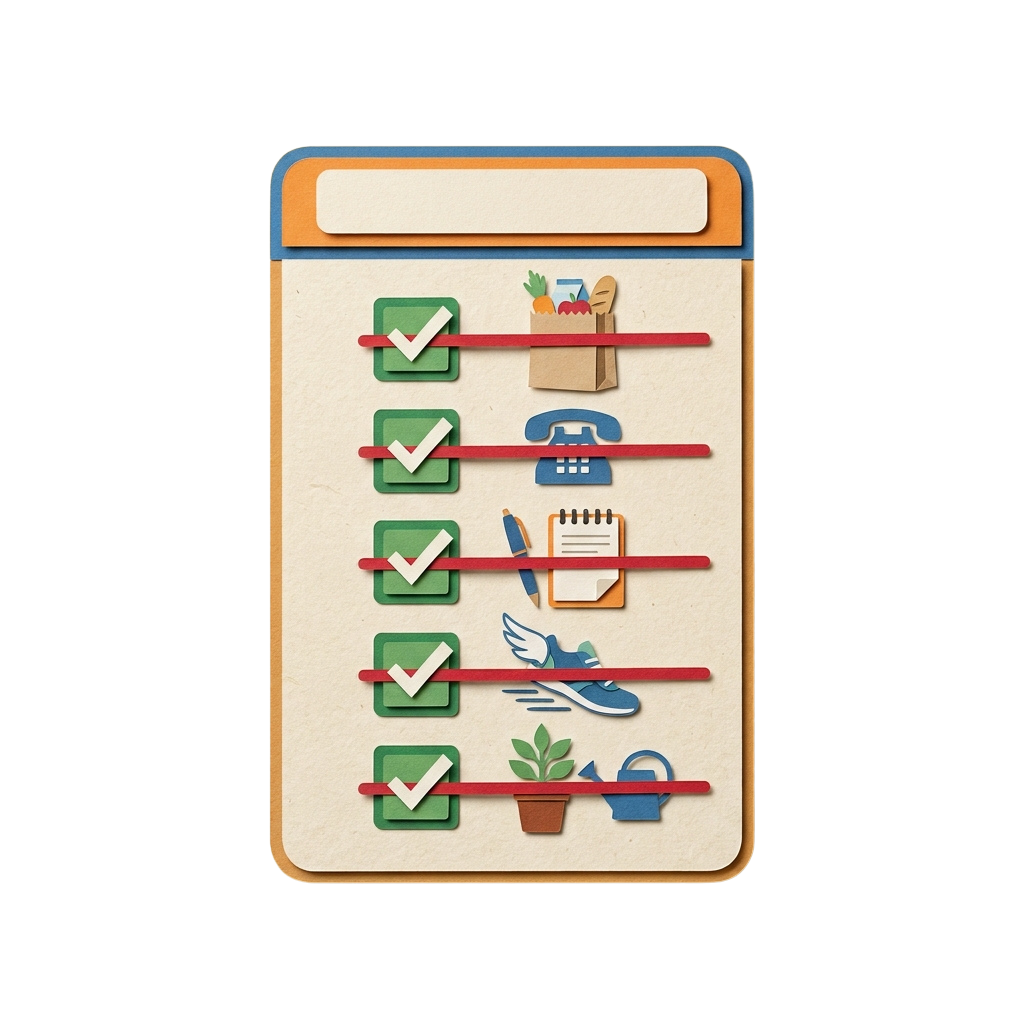 Illustrated checklist with icons for groceries, phone call, notes, exercise, and gardening, each marked complete with green checkmarks.