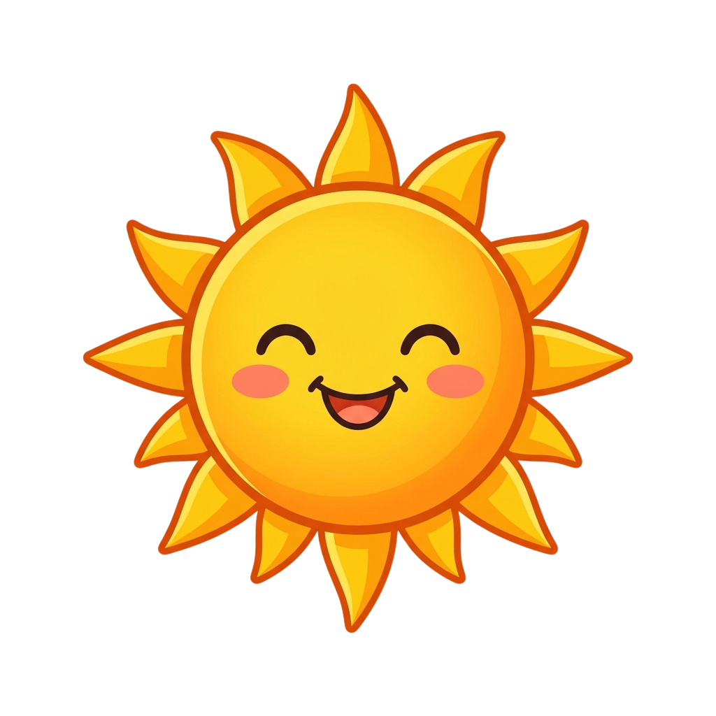 A smiling cartoon sun with rays and closed eyes, radiating warmth and happiness.