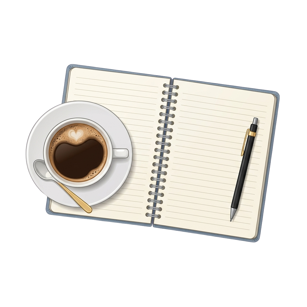 A white coffee cup with a spoon beside an open lined notebook and a black pen on a dark background