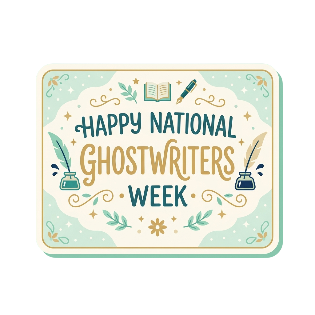 Illustration celebrating National Ghostwriters Week with quills, ink bottles, and an open book surrounded by decorative elements
