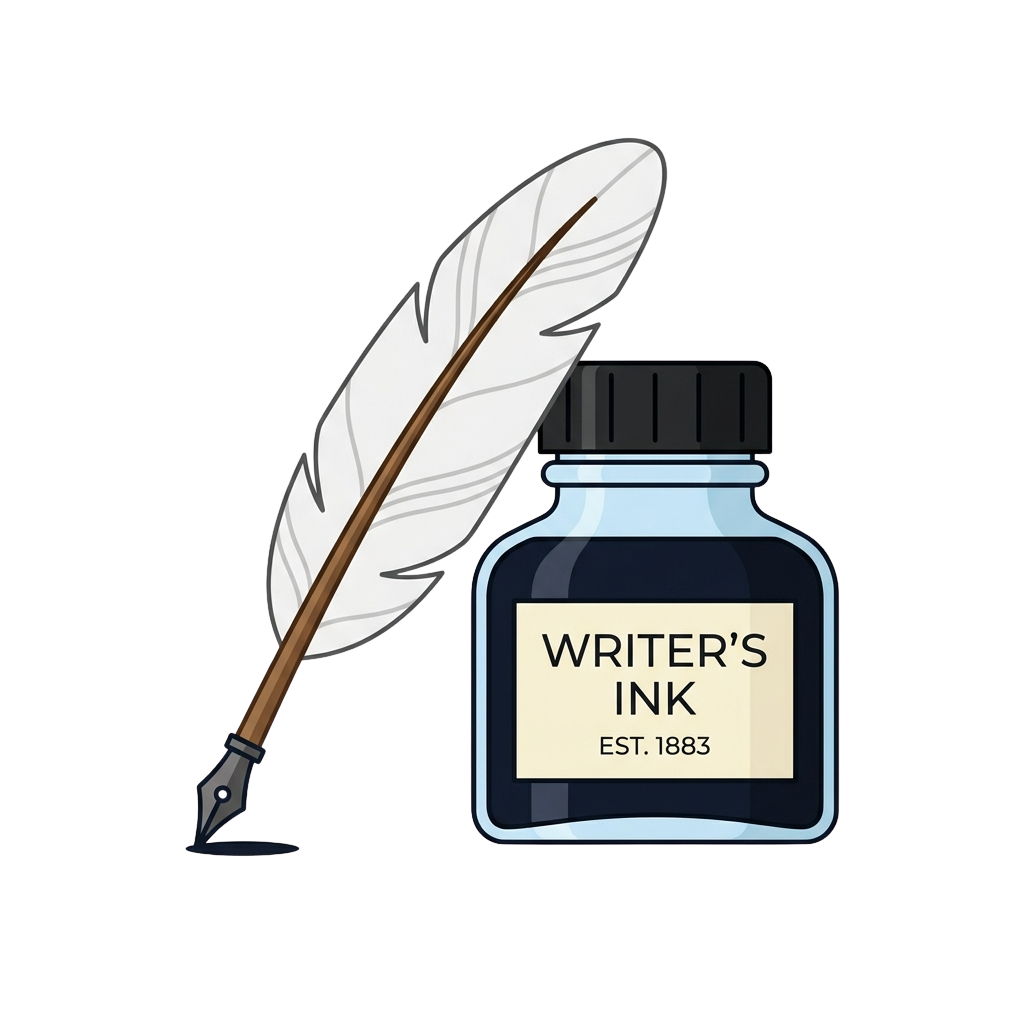 Illustration of a white feather quill pen and an ink bottle labeled Writer's Ink Est. 1883