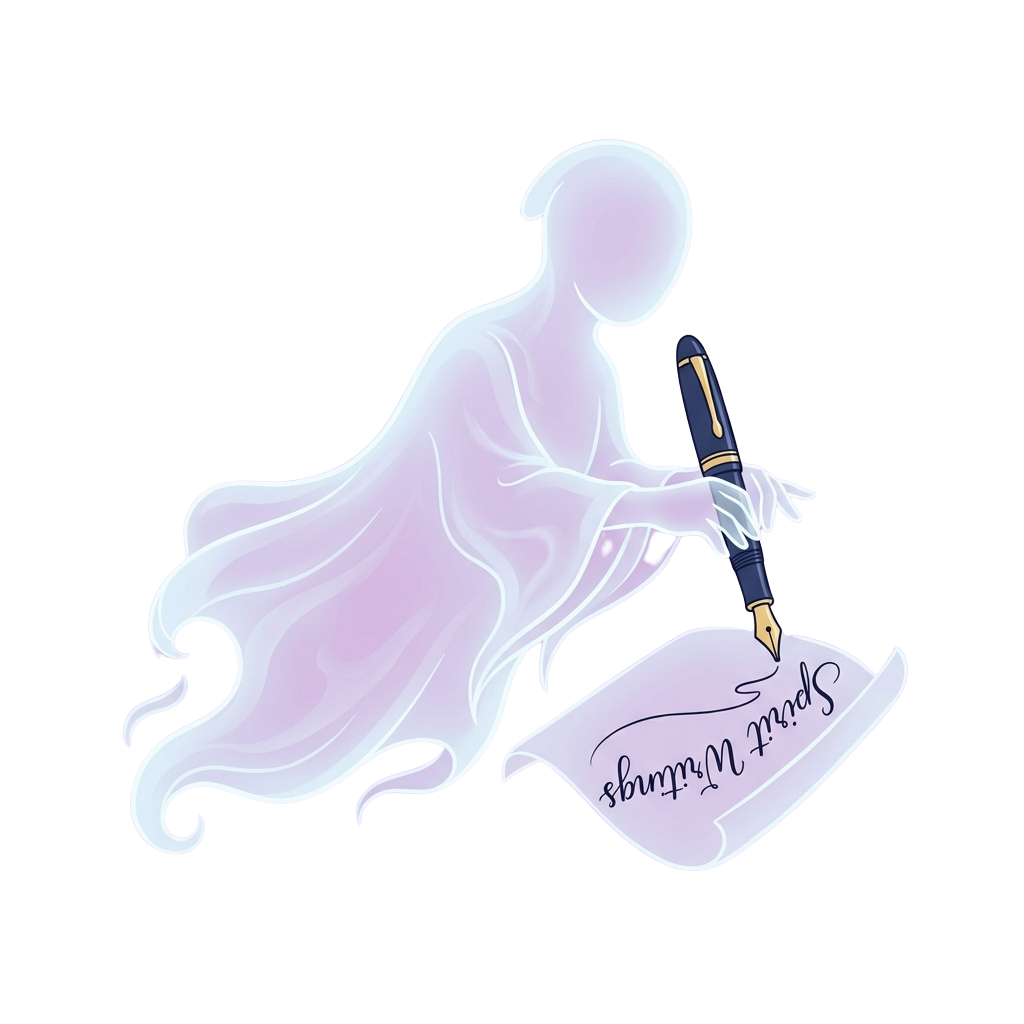 A translucent ghost figure writing with a pen on a piece of parchment labeled Spirit Messages
