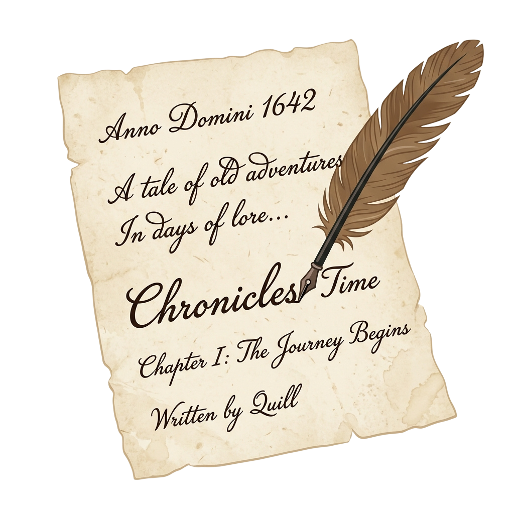 Aged parchment with quill pen and feather depicting Chronicles of Time Chapter 1 title