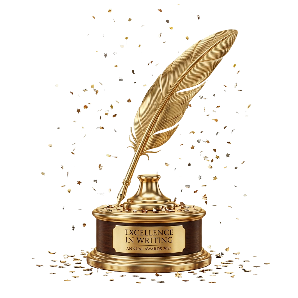 Golden quill trophy on a base labeled Excellence in Writing Annual Awards 2024 with confetti around it