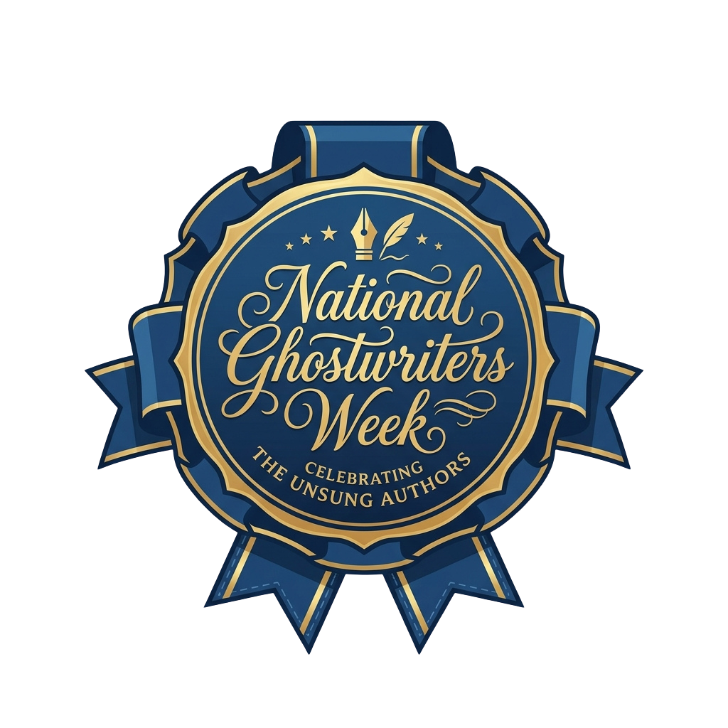 Blue and gold ribbon badge for National Ghostwriters Week celebrating unsung authors with a quill and stars