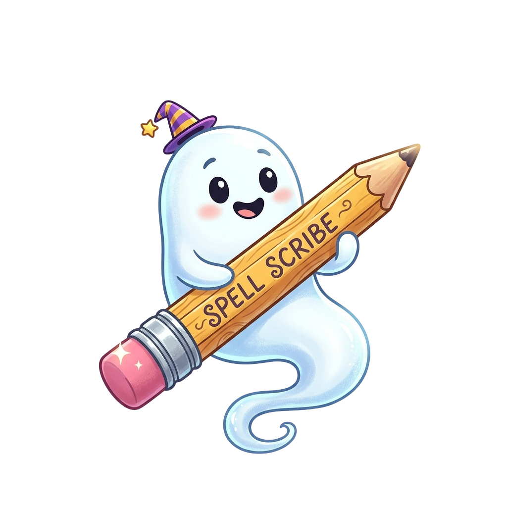 A friendly ghost character holding a pencil labeled Spell Scribe with a star-topped hat.