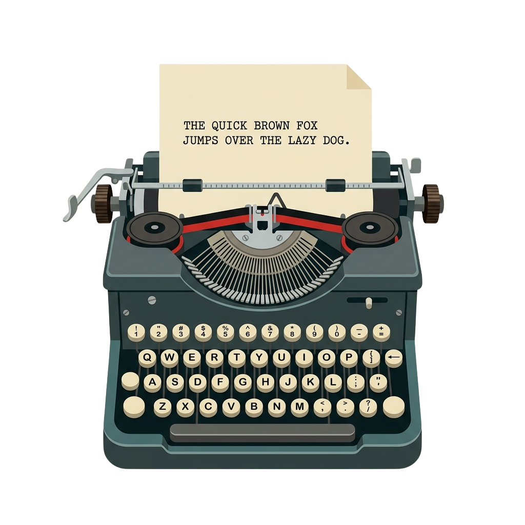 A vintage typewriter with paper displaying the sentence The Quick Brown Fox Jumps Over the Lazy Dog