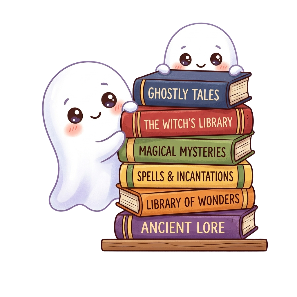 Two cartoon ghosts sitting behind a stack of books titled ghostly tales, witch library, magical mysteries, spells, wonders, and lore