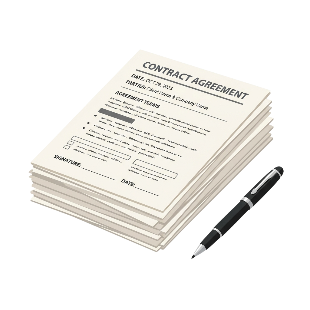 Stack of blank contract agreement documents with a pen beside them