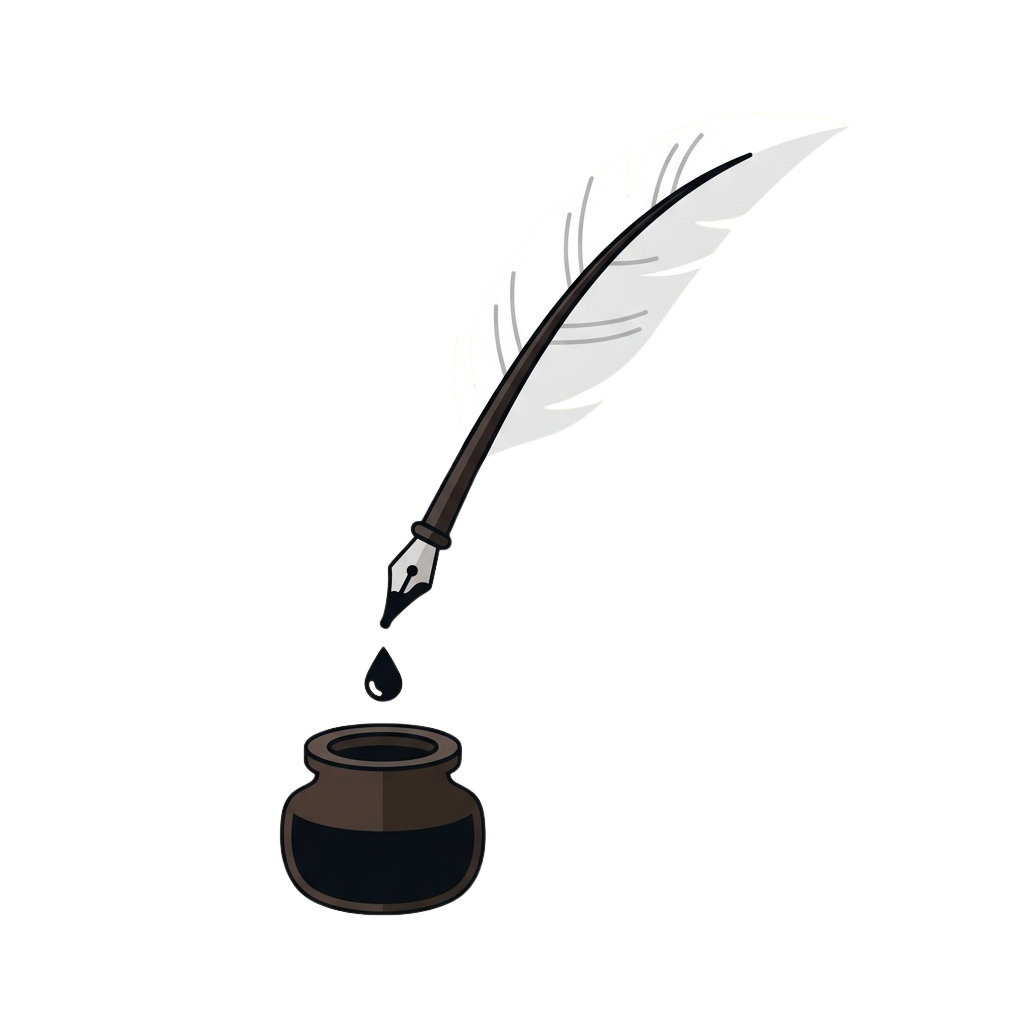 A feather quill pen dripping ink into a small inkwell