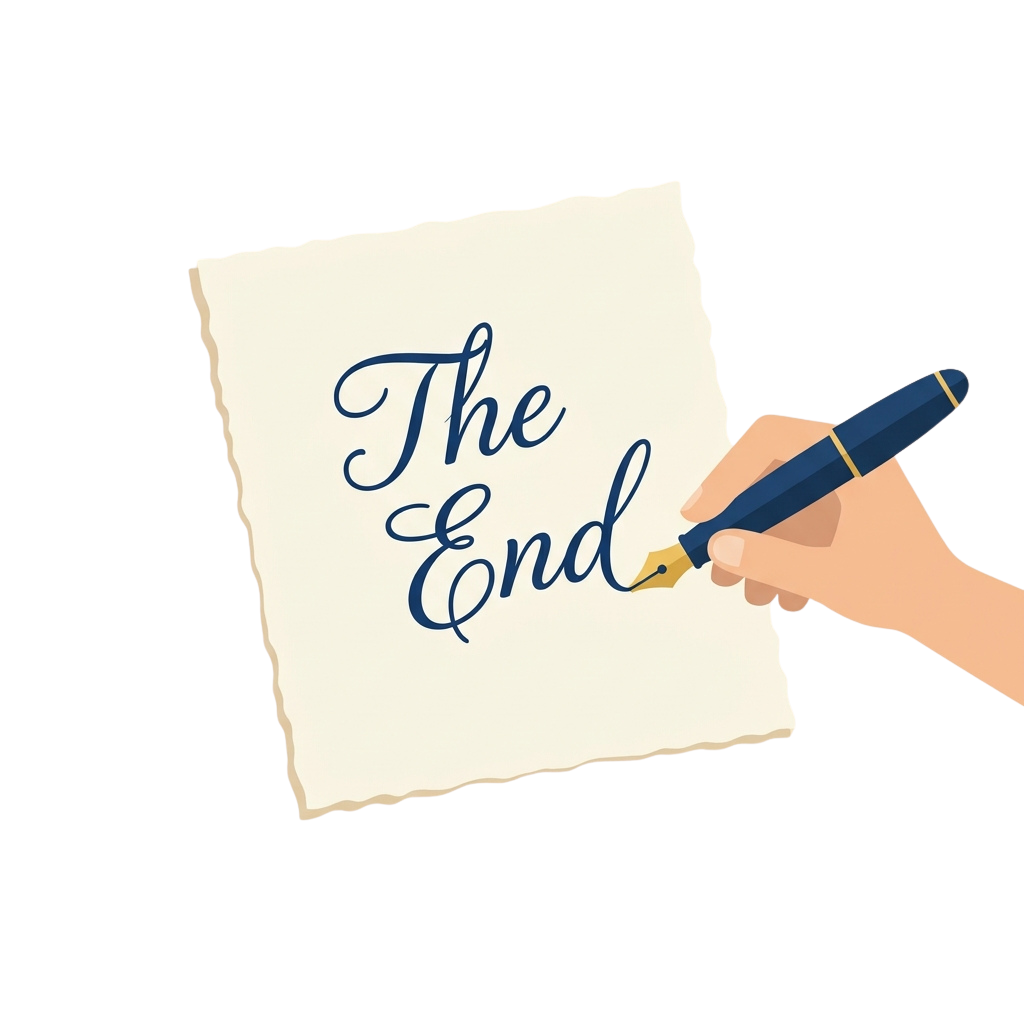 Illustration of a hand writing The End on a piece of parchment paper with a pen