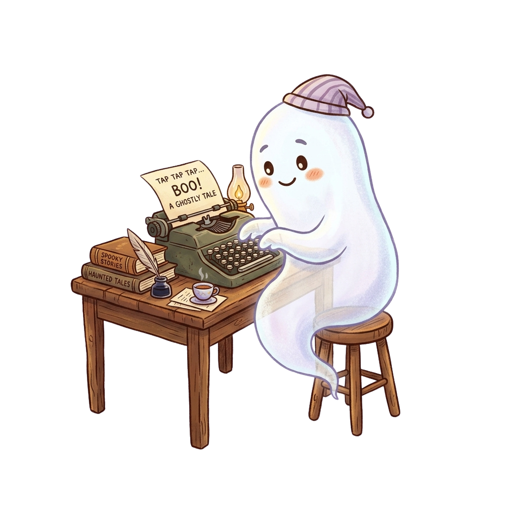 A friendly ghost wearing a Santa hat sits at a desk typing on an old typewriter with books and a cup nearby.