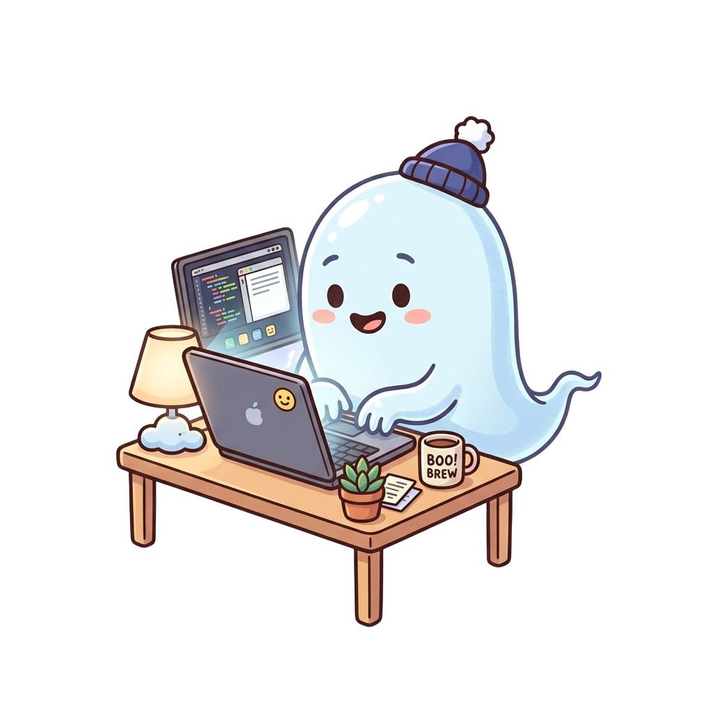 A friendly cartoon ghost wearing a knit hat works on a laptop at a small wooden desk with a coffee mug and plant.