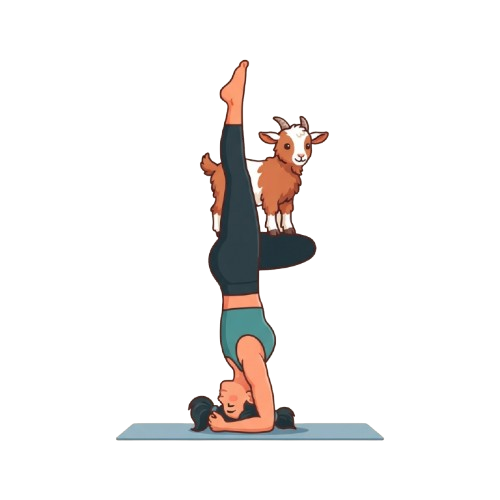 A person in a headstand yoga pose with a small goat illustration balancing on their back.