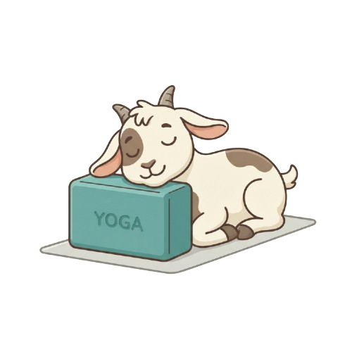 A cartoon goat lying on its side resting its head on a yoga block labeled yoga.