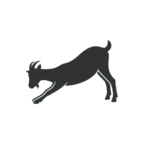 A gray goat silhouette mid-jump or running with curved horns and a thick tail.