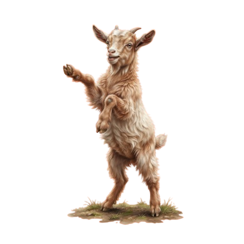A young goat standing on its hind legs with front legs raised as if waving or playing