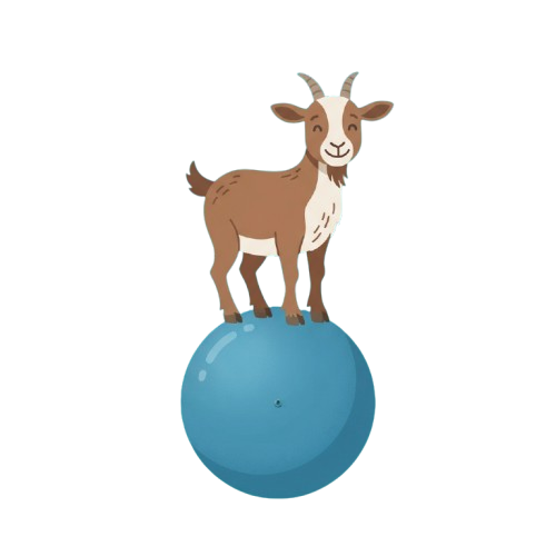 A cartoon goat standing upright on a blue exercise ball