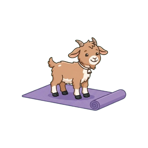 A cartoon goat standing on a purple yoga mat with a roll visible.