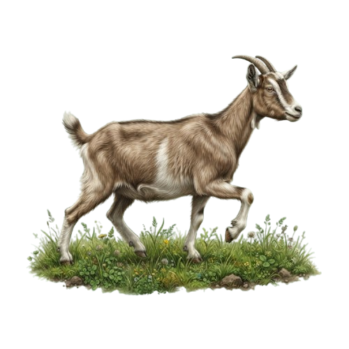 A goat with curved horns standing on a patch of green grass against a black background