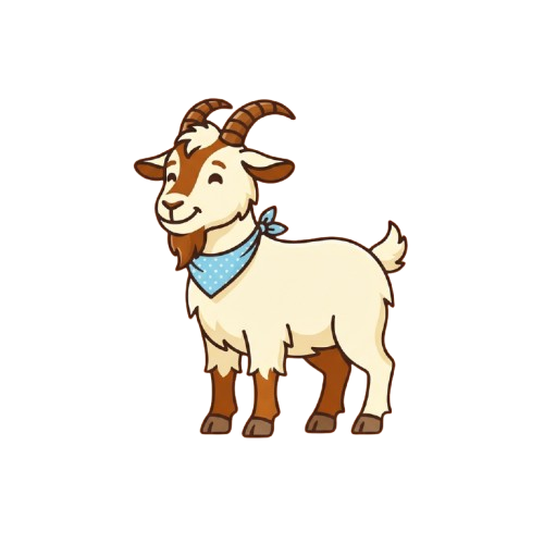 A smiling cartoon goat with brown horns and a blue bandana around its neck standing on all fours.