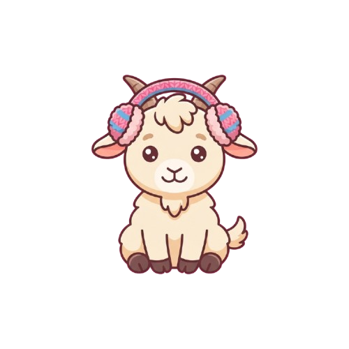A cheerful cartoon goat sitting with a headband and decorative ear pieces