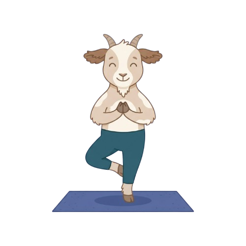 A smiling cartoon goat doing yoga in tree pose on a blue mat with hands pressed together.