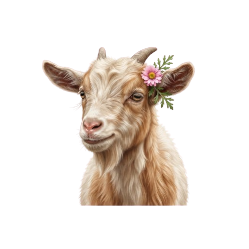 A smiling goat with light brown fur and a small flower headband on its forehead