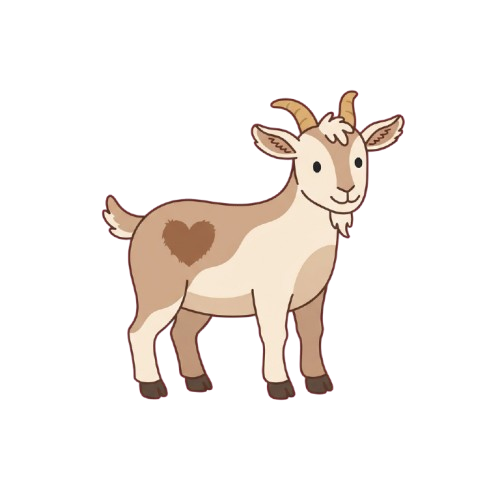 A stylized cartoon goat standing on all fours with a heart symbol on its side