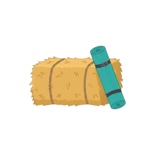 A rolled turquoise yoga mat wrapped in a cylindrical bundle of hay or straw