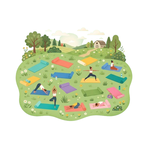 Illustration of diverse people practicing various yoga poses on mats in a lush green outdoor field with trees and flowers.