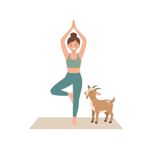 A woman in yoga pose with arms raised and a small goat standing beside her on a mat