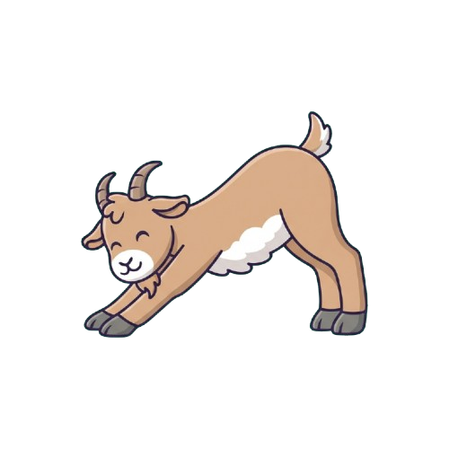 A cartoon goat lying down on a black background with a light brown body and white underbelly.