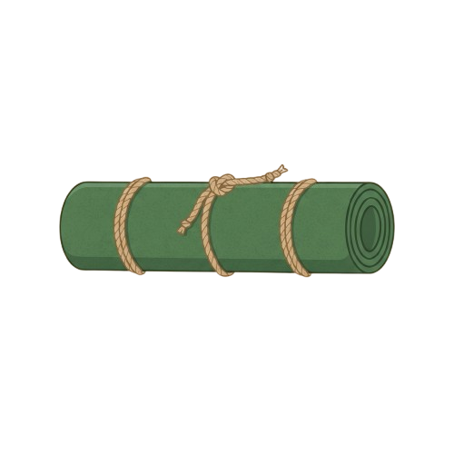 A rolled green yoga mat secured with two natural rope straps.