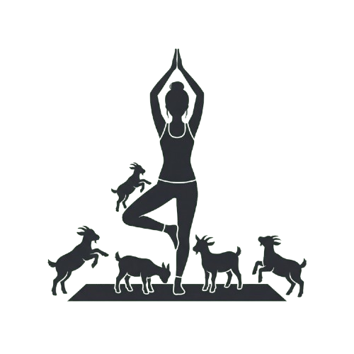 A person in yoga pose with arms raised, surrounded by five dogs in various positions