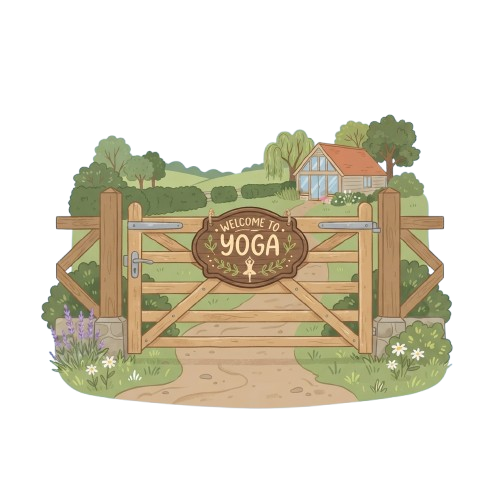 A rustic wooden gate with a sign reading Welcome to Yoga, surrounded by greenery and a small house in the background