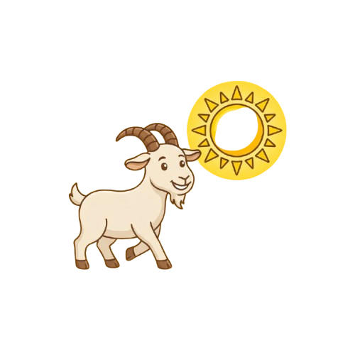 A smiling cartoon goat with curved horns standing beside a stylized sun symbol